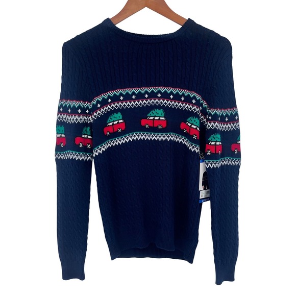 NWT Lands End Kids Boys Sweater Large 10-12 Navy Christmas Tree Truck Holiday - Picture 2 of 12